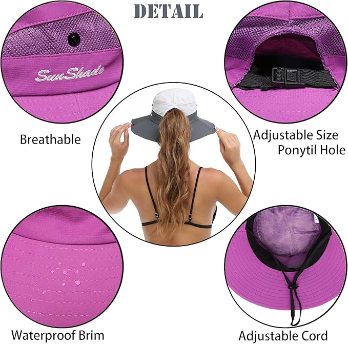 Womens Summer Sun Hat Beach Hat Wide Brim Outdoor UV Protection Hat Foldable Cool Mesh Ponytail Bucket Hat