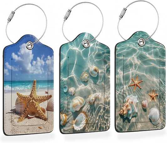 Starfish on Sunny Beach 3 PCS PU Leather Luggage Tags for Suitcase, Luggage Tag with Privacy Flap, Name ID Label and Metal Loop for Women Men Baggage Handbag School Bag Backpack