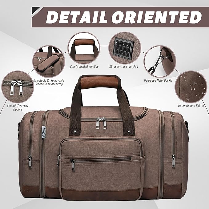 Wolhbege Duffle Bag for Travel,Mens Travel Bag & Carry On Bag for Men with Expandable Design and Luggage Sleeve –Duffel Bag for Gym, Weekender, Overnight Trips Brown