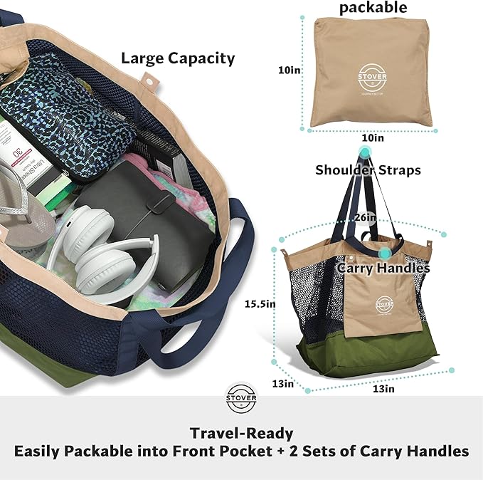 STOVER Large Mesh Beach Bag, Vacation, Pool, Shopping, & Travel Tote - Foldable w/Storage Pockets for Women, Men & Families
