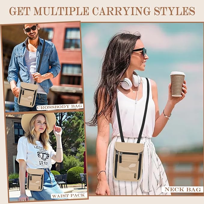 Passport Holder for Travel, Neck Pouch Travel Wallet With RFID Blocking, Waterproof Lightweight Passport Wallet for Women and Men (Khaki)