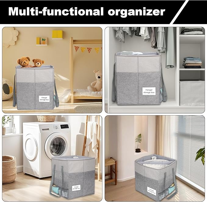 2 Pack Clothes Hanger Organizer Bag with Lid, Rigid Hanger Storage Containers,Hanger Caddy Organizer Box with Handle and Label Window Keep Closet Laundry Rooms Tidy (17 inch Height,Grey)