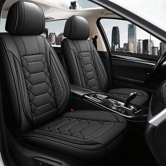 HAIYAOTIMES Leather Car Seat Covers Front Pair, Waterproof Faux Leather Seat Covers for Cars, Non-Slip Car Interior Covers Universal Fit for Most Cars Sedans Trucks SUVs, Black