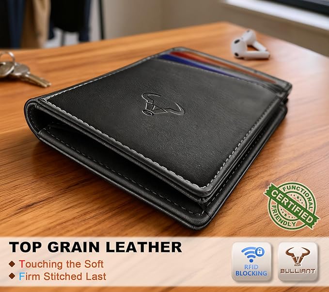 BULLIANT Men Wallet,Top Grain Leather Slim Wallet Magnetic Closure Simplifed Bill Folder RFID Blocking 11Cards