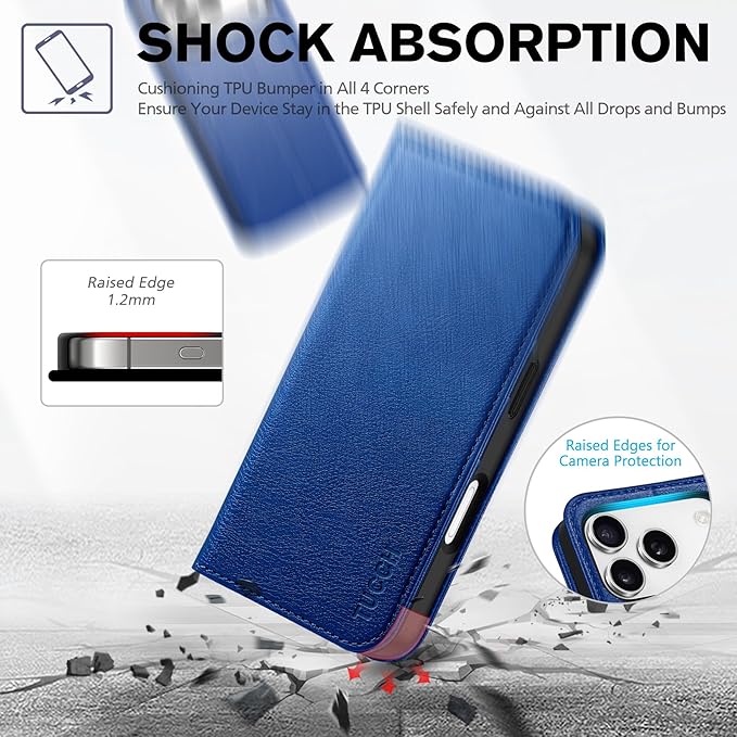 TUCCH Wallet Case for iPhone 17 Pro (6.3") 2025, 3 Credit Card Holders, RFID Blocking, Stand, PU Leather, Shockproof TPU Interior Shell, Protective Flip Folio Cover, Klein Blue