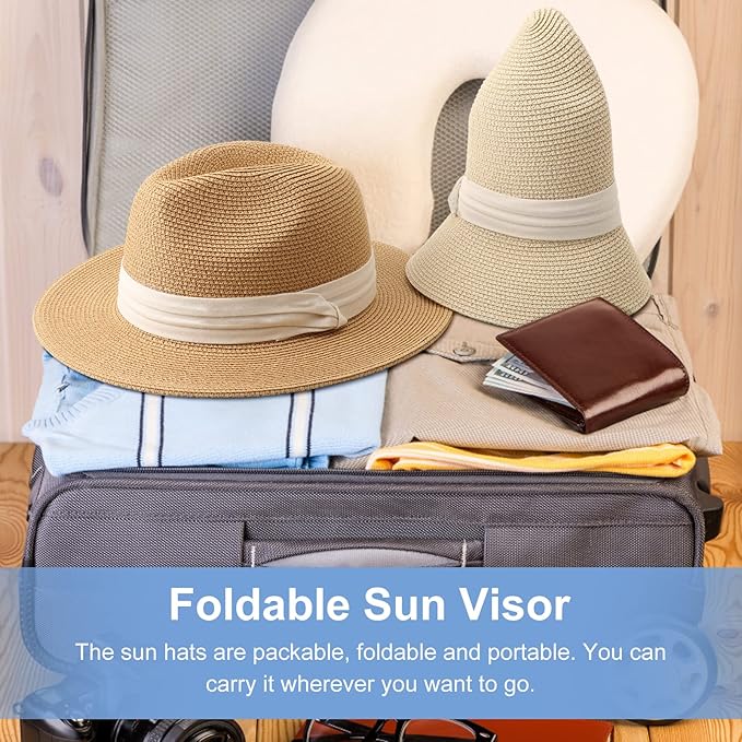 DRESHOW Women Straw Panama Hat Travel Fedora Beach Sun Hat Summer Wide Brim Straw Roll up Hat UPF 50+