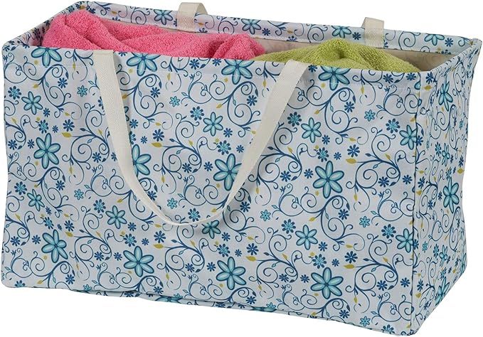 Household Essentials White and Blue Floral Krush Container All-Purpose Utility Tote