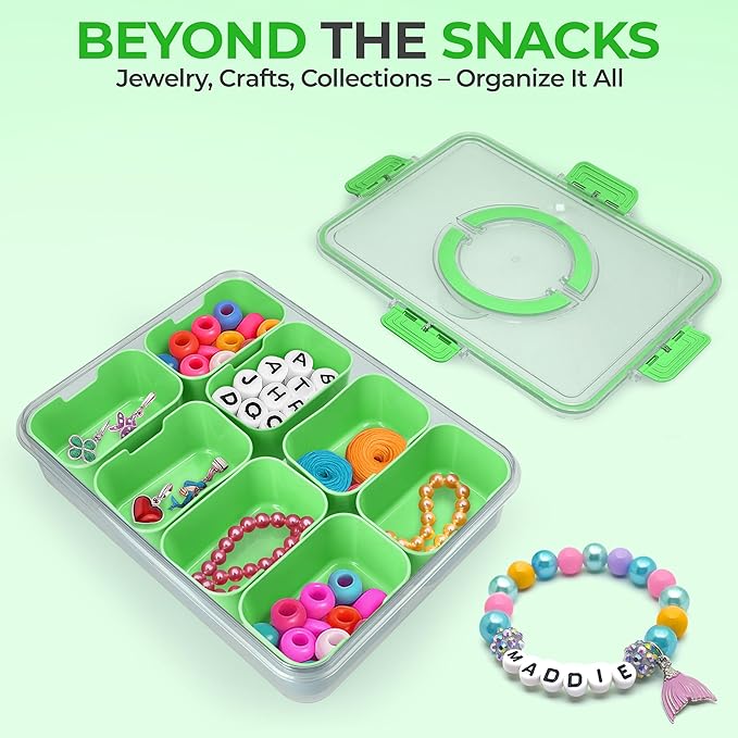 Snackle Box Container with Lid- Travel Charcuterie Box with Handle - Organizer for Candy, Fruit, Nuts, Veggies, Snacks, Beach Essentials, Portable Lunch Box (Green, Large)