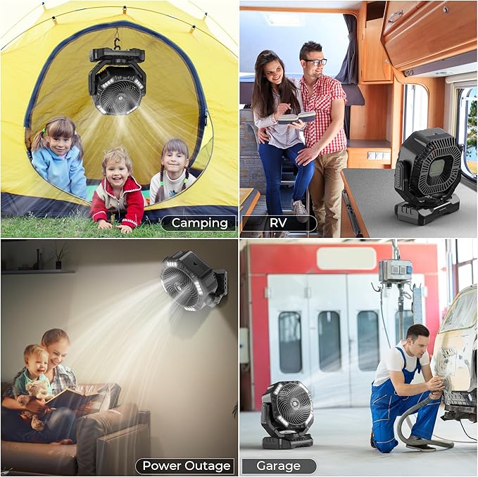 20000mAh Camping Fan with Light - 12in Rechargeable Battery Powered Fan (68H Cool Max), 90°Auto Oscillating with Remote & Hook, 4 Speeds & Timers for Outdoor/Patio/Garage/Jobsite/Hurricane/Outage