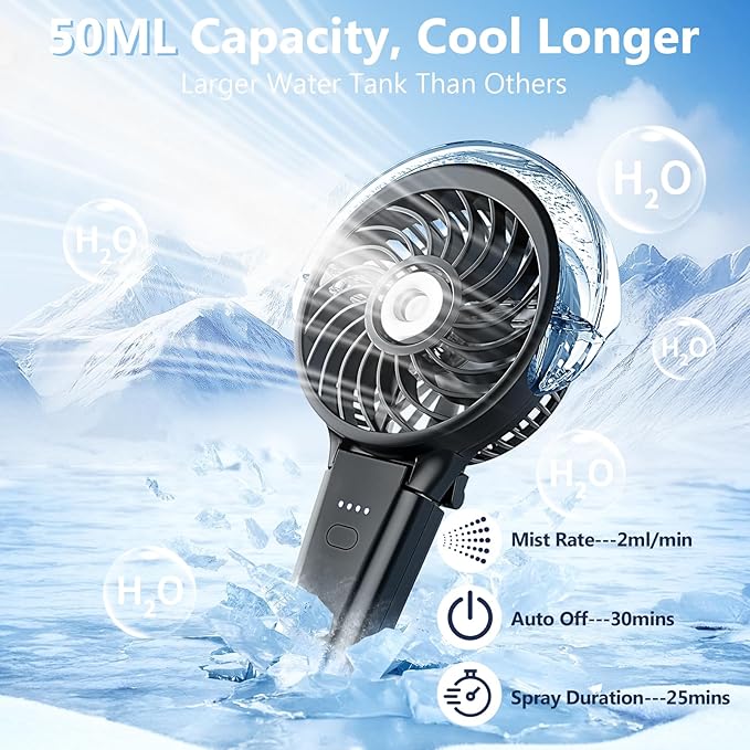 6000mAh Portable Handheld Misting Fan as Power Bank, 50ml XL Water Tank, 20H Runtime 3 Speeds, 180° Foldable Rechargeable Mist Fan for Travel, Outdoors, Makeup - Black