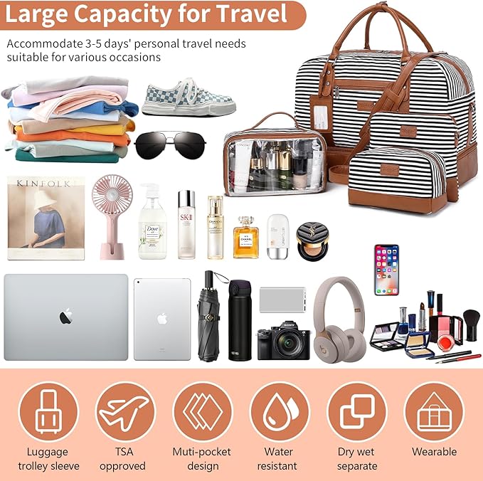 Wogarl Weekender Bags for Women Large Canvas Overnight Bag Travel Duffel Bags Carry on Shoulder Weekend Bag with Shoe Compartment for Travel Night Flight Daily Use