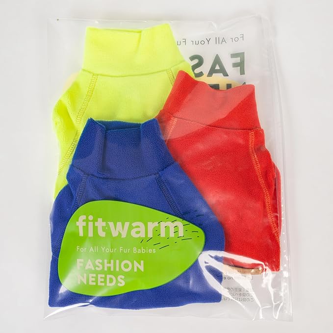 Fitwarm 3 Pack Classic Fleece Dog Sweater, Winter Clothes for Small Dogs Boy Girl, Turtleneck Dog Sweatshirt, Pet Apparel, Orange Red, Royal Blue, Neon Yellow, Medium