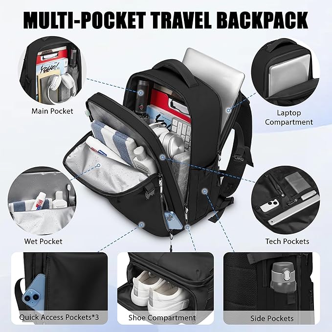 Travel Backpack for Men, 17.3 Inch Laptop Backpack, Water Resistant Business backpack with Waterproof zipper，Carry on Backpack with 30L Large Capacity Bag for Work College Travel