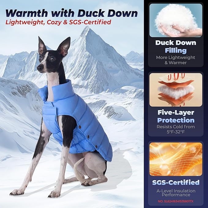 SPACE LION Dog Puffer Jacket, Down Winter Coat, Durable Outdoor Coat for Cold and Windy Conditions, Lightweight & Adjustable Fit Coats for Large Dogs, (Blue, Size24/2XL)