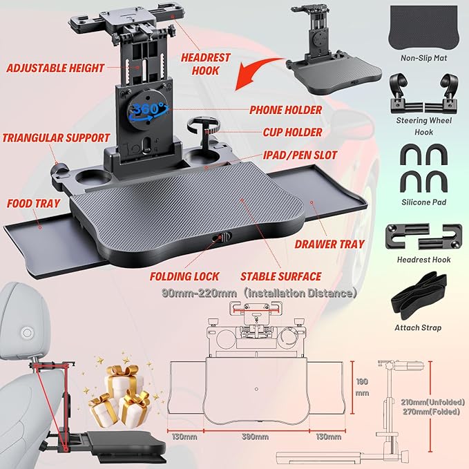 Large Car Desk for Laptop | Steering Wheel Tray Table | Foldable Back Headrest Seat Eating Food Trays with Drinks Cupholder Phone Tablet Holder for Kids | Car Travel Essentials for Long Trips
