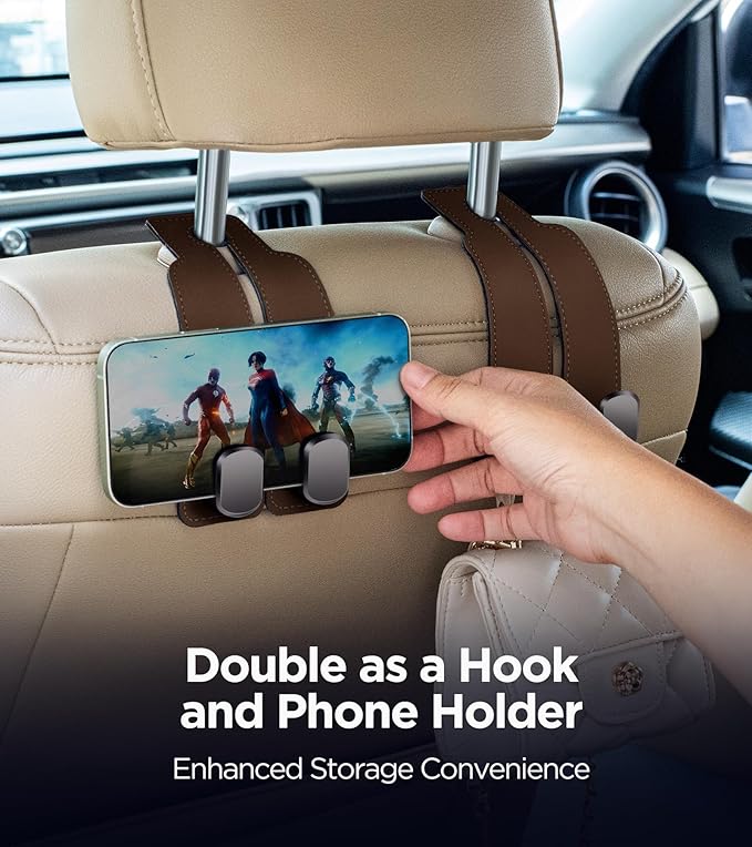 AMINOR 2 Pack Car Seats Hooks for Headrest, 2-in-1 Premium Leather Car Headrest Hanger with Metal Hooks, Car Seat Back Storage Hooks for Purses, Handbags, Phone (Brown)