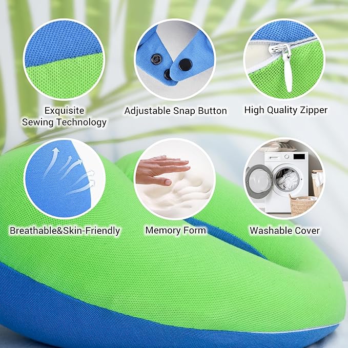 COOLBEBE Kids Travel Neck Pillow, Softly Double Support Neck Pillow for Car & Airplane, Traveling Gifts for Toddler & Children (1, Bluish Green)