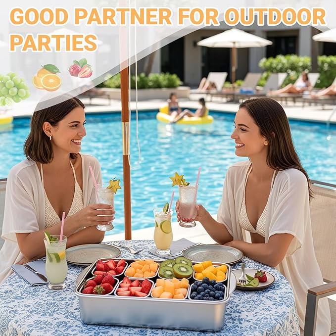 Stainless Steel Snackle Box Container, 8 Compartment Divided Serving Tray with Lid and Handle, Portable Snack Platters Storage Organizer for Fruit Candy Nuts Veggie Travel Party Picnic