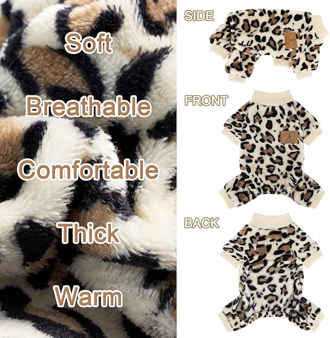 XPUDAC Fleece Dog Pajamas Leopard Dog Sweaters Winter Puppy Clothes for Small Medium Dogs Boy Girl Pet Jumpsuits Doggie Outfits for Christmas, M