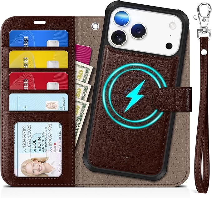 TUCCH 2-in-1 Detachable Wallet Case for iPhone 17 Pro Max (6.9-inch) 2025, Wireless Charging | RFID Blocking 4 Card Holders | Wrist Strap | Kickstand | Magnetic | PU Leather Cover | Chocolate Brown