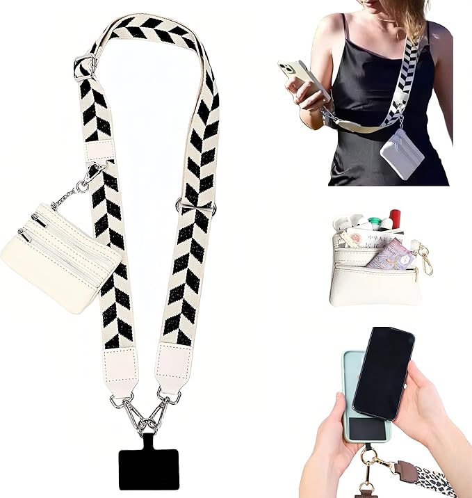 Crossbody Body Phone Holder for Women, New Phone Strap with Zippered Pouch, Adjustable Crossbody Strap (White)
