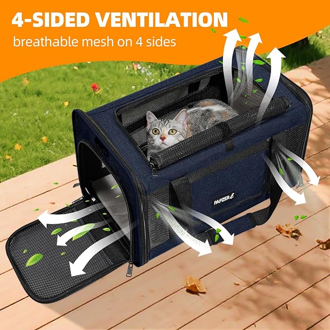 Cat Carrier Soft-Sided 18x11x11 Inch Travel Bag for Medium Cats Over 15lbs, Small Dog Carrier Crate Top Entry Breathable Mesh Puppy 12 Pounds, Pet Rabbit Carrying Cage Kennel Collapsible Navy