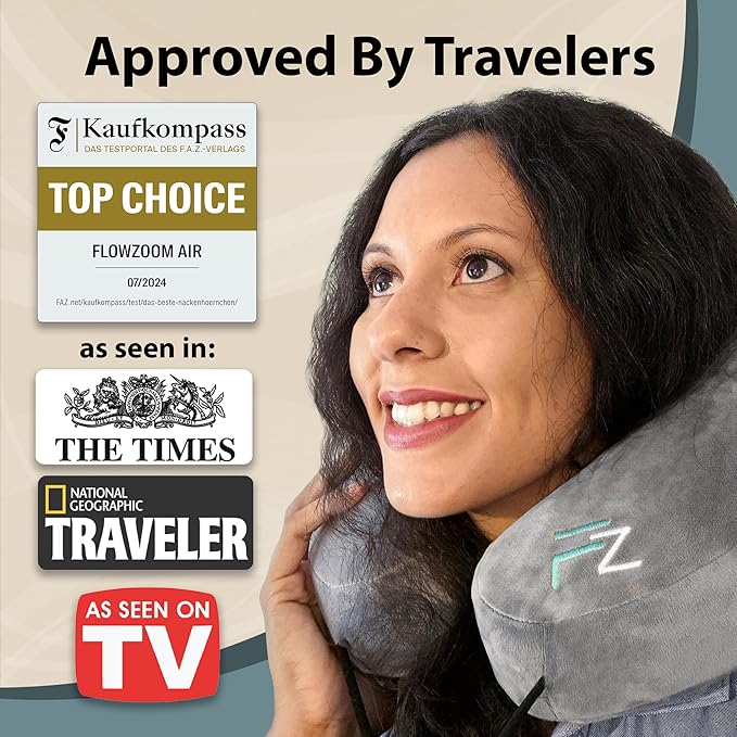 FLOWZOOM Air Inflatable Neck Pillow for Traveling on Plane - H-Shape Hooded Travel Pillow with 5 Snooze Modes, Fast Inflation, Pressure Control, Cozy Clip-On Hood & Plushy Cover - Size L, Silver Gray