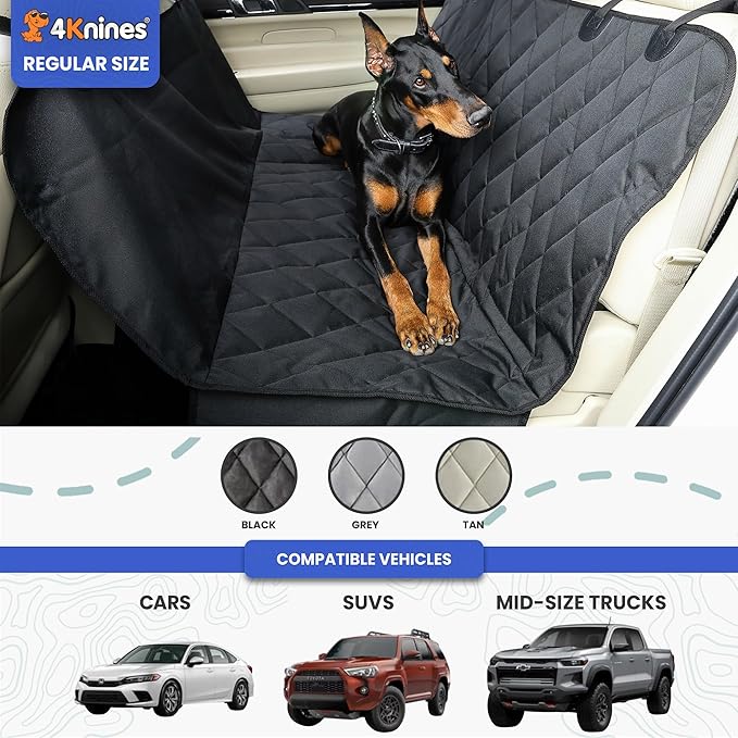 4Knines Dog Backseat Cover with Hammock for Cars, SUVs, and Trucks – Waterproof Layers, Nonslip Seat Protector, Durable Nylon Clips, K9 Shield with Heavy Duty Thread, (Extra Large, Black)