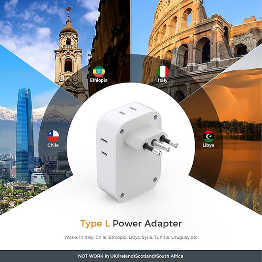 Italy Travel Plug Adapter, TESSAN Type L Adapter for Travel with 4 Outlets 3 USB Ports (1 USB-C), Power Adaptor for US to Italy Chile Rome Uruguay Milan Libya