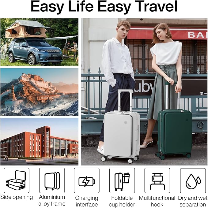 mixi Checked Luggage with Cup Phone Holder and Charger Hard Shell Suitcases with Spinner Wheels, 24 Inch Blackish Green