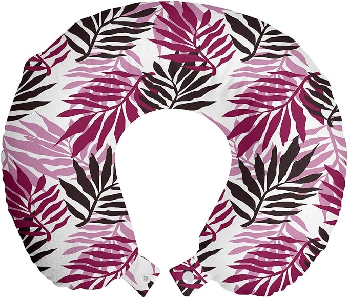 Ambesonne Exotic Travel Pillow Neck Rest, Tropical Rain Forest Jungle Leaves Forest Hawaiian Beach Theme Print, Memory Foam Traveling Accessory for Airplane and Car, 12", Seal Brown Pale Pink