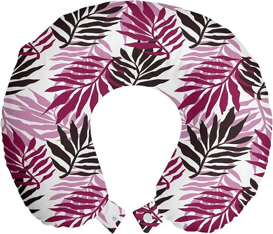 Ambesonne Exotic Travel Pillow Neck Rest, Tropical Rain Forest Jungle Leaves Forest Hawaiian Beach Theme Print, Memory Foam Traveling Accessory for Airplane and Car, 12", Seal Brown Pale Pink