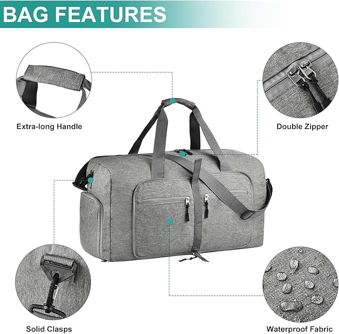 Dimayar 65L Travel Duffle Bag for Men Women - Foldable Duffel Bag with Shoes Compartment - Overnight Bags Waterproof & Tear Resistant(Gray)