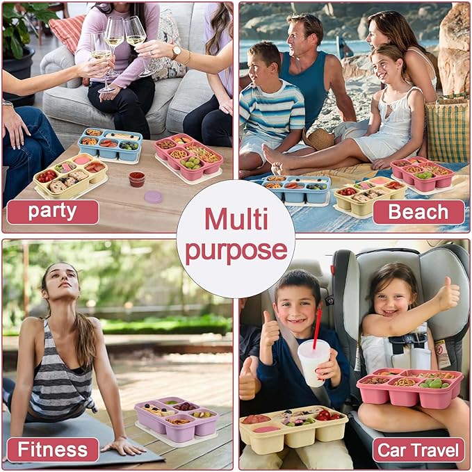 Caperci Large Bento Lunch Boxes for Adults & Kids - 5 Compartment Lunchable Snack Box Containers, Built-in 4 Leak-Proof Dipping Sauce Cups, Reusable Food Storage Containers, 4-Pack (Vintage Colors)