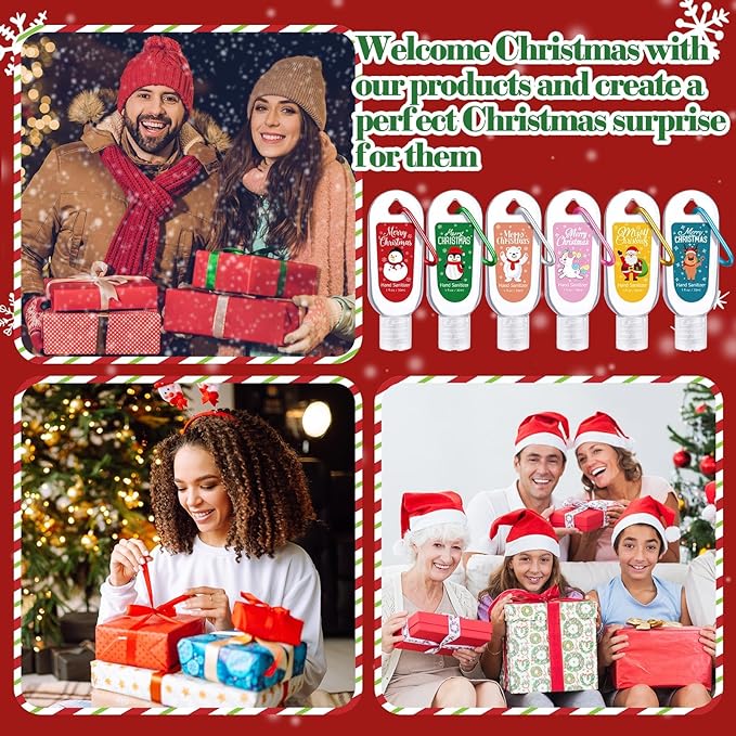 24 Packs Christmas Hand Sanitizers with Keychains Bulk 1 oz Mini Travel Size Hand Sanitizer Keychains Gifts Set Christmas Party Favors Stocking Stuffers for Women Coworkers Friend Family
