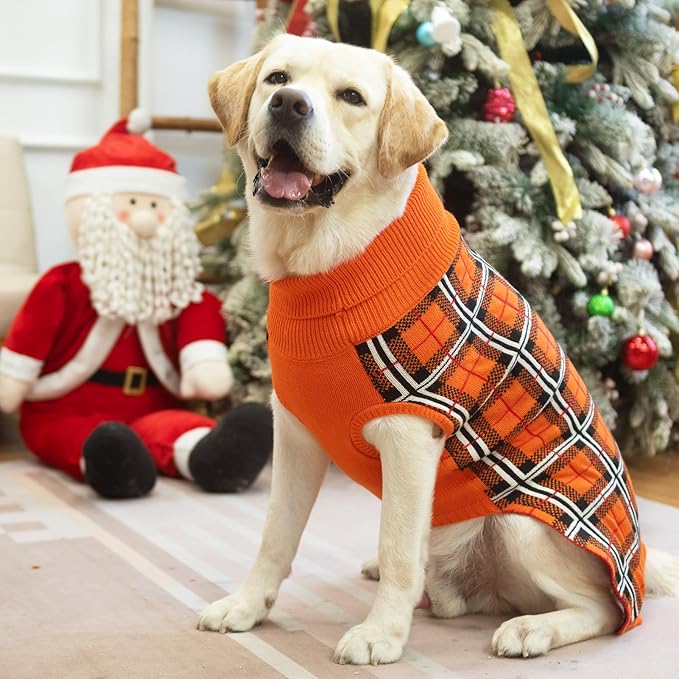 PUPTECK Dog Sweaters for Large Medium Small Dogs - Fall Classic Plaid Style Puppy Holiday Winter Coat Clothes Warm, Reddish Orange, L