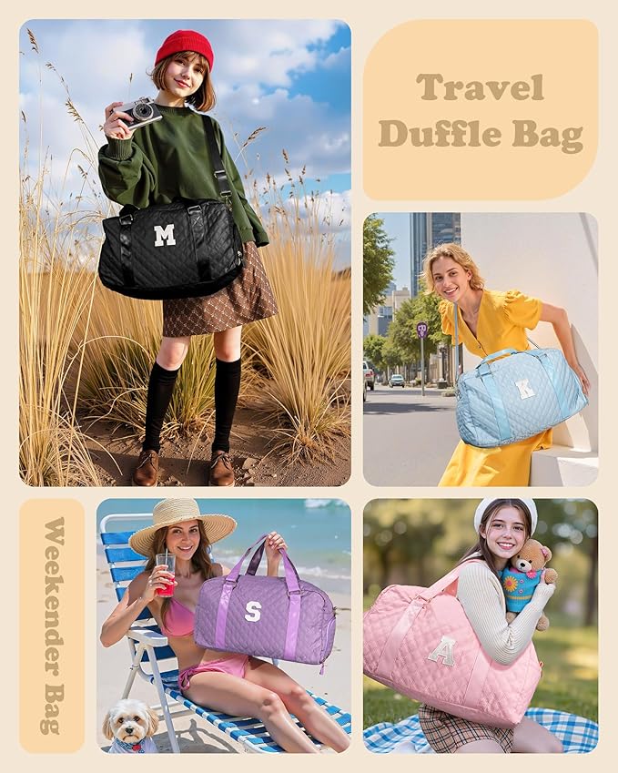 Elilier Initial Duffle Bag for Travel Women Girls Gift: Personalized Weekender bags, Dance Cheer bag Sports for Girl, Kid Gymnastics Bags, Birthday Gifts for Women Girls Kids Teens Mom Teacher