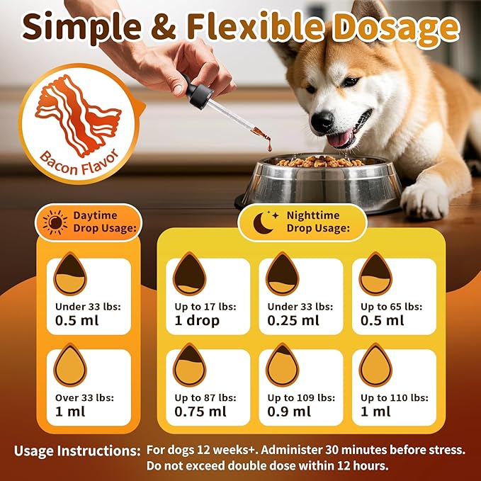 Dog Calming & Melatonin Drops, Day & Night Calm Support Set, Anxiety & Stress Support Calming Treat, Enhance Calmness & Sleep for Separation, Travel, Fireworks & Thunder, Bacon Flavor, 2 FL.Oz