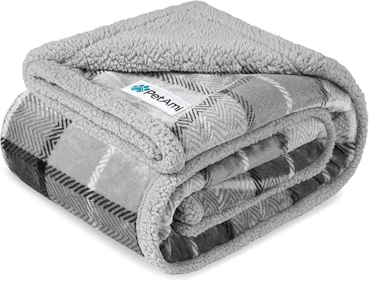 PetAmi Waterproof Dog Blanket for Medium Large XL Dog Puppy Cat Throw for Couch Cover Leakproof Protection, Sherpa Fleece, Reversible Soft Washable 80x60 Plaid Light Gray