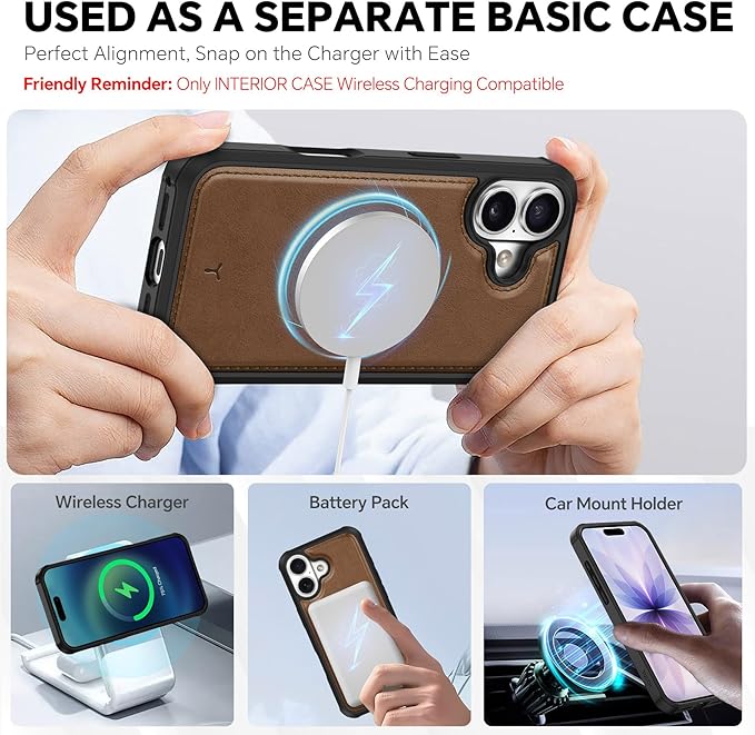 TUCCH Detachable Case Wallet for iPhone 17 (6.3") 2025, Wrist Strap, 4 Card Holders RFID Blocking, Wireless Charging, Stand, 2-in-1 Magnetic, PU Leather, Shockproof Folio Cover, Brown