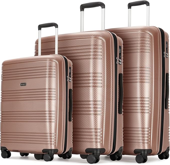 GinzaTravel 3 Piece Hardshell Expandable Luggage Sets with Spinner Wheels TSA Lock,Large Suitcases with Wheels, 20inch 25inch 29inch, Rose Gold
