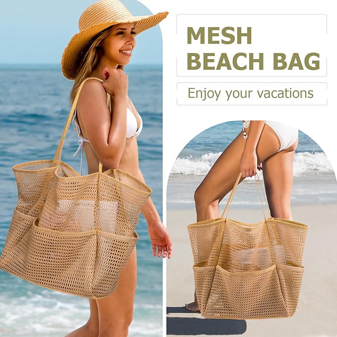 Iioscre Mesh Beach Tote Bags for Womens, Causal Hobo Pool Bags for Swimming Pools Vacations Beach Essentials