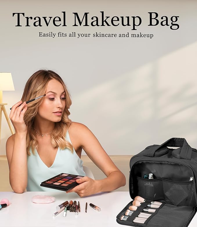 Travel Toiletry Bag for Women, Large Wide-open Puffy Cosmetic Makeup Bag with Wet-Dry Separation, Multi-Pocket Organizer with Carry Handle for Toiletries, Cosmetics, Essentials, Black