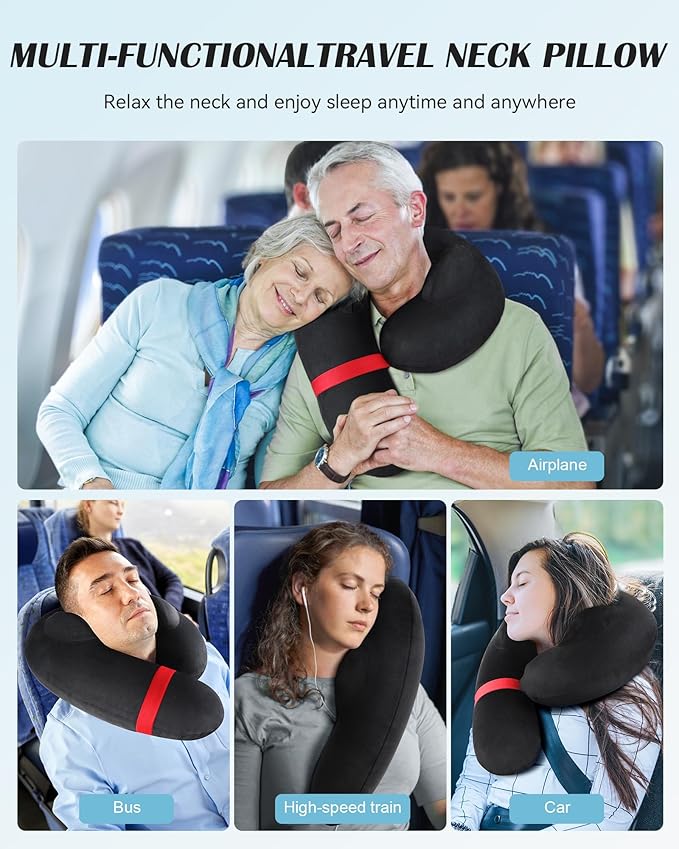 Patented Design Inflatable Travel Neck Pillow – Airplane Neck Pillow with 360° Head & Neck Support, Soft Washable Velvet Cover, Compact Neck Support Pillow for Airplane,Train,Car,Office & Home (Black)