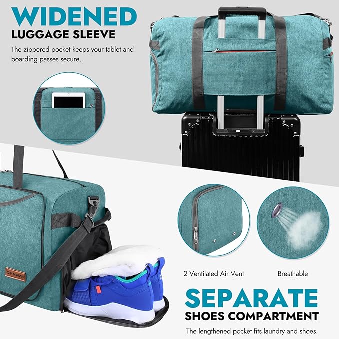 Canway 65L Travel Duffel Bag, Foldable Weekender Bag with Shoes Compartment for Men Women Water-proof & Tear Resistant