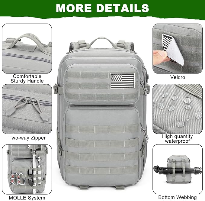 Tactical Backpack 45L Military Rucksack, Water Resistant MOLLE Assault Pack, Large 3 Day Bug Out Bag for Men & Women, Durable Outdoor Gear for Hiking, Camping, Hunting, Travel (Grey)