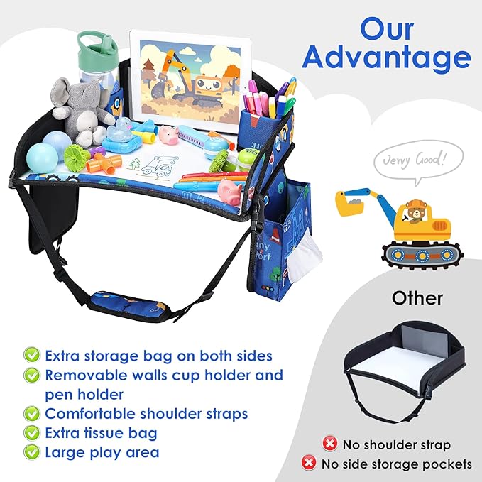 WENRENER Kids Travel Tray for Airplane - Toddler Car Seat Table Tray, Road Trip Essentials for Boys & Girls, Carseat Lap Desk for Kids Road Trip Activities (Dark Blue Car)