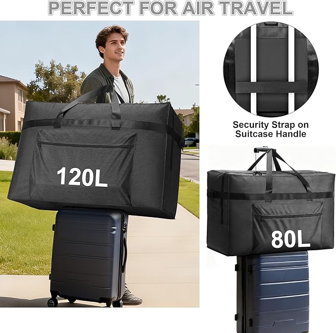 SUNUP Large Duffle Bag for Travel, 80L Foldable Travel Duffel Bag for Men Women, Waterproof Carry On Overnight Weekender Moving Storage Bags, Black