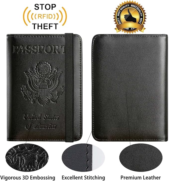 Passport Holder With Luggage Tag Travel Essentials Passport Cover Wallet RFID Blocking Leather Case International Must Haves Travel Accessories Women Men(115#Black)