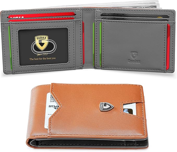 GSOIAX Mens Slim Wallet for Men Minimalist Genuine Leather Carbon Fiber Rfid Blocking Bifold Credit Card Holder With Gift Box (Brown and Grey)